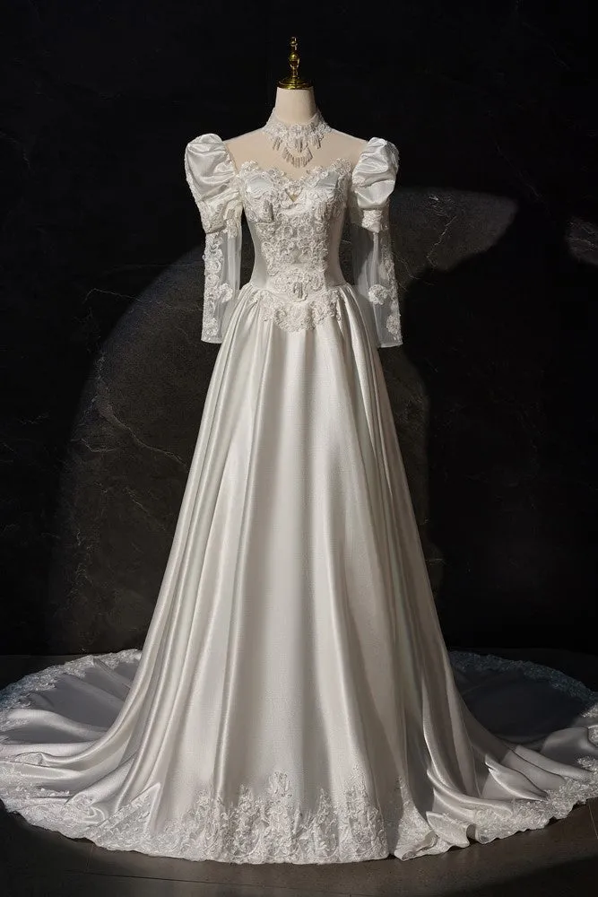 Satin Gorgeous Vintage Long Sleeves Appliques Wedding Dresses