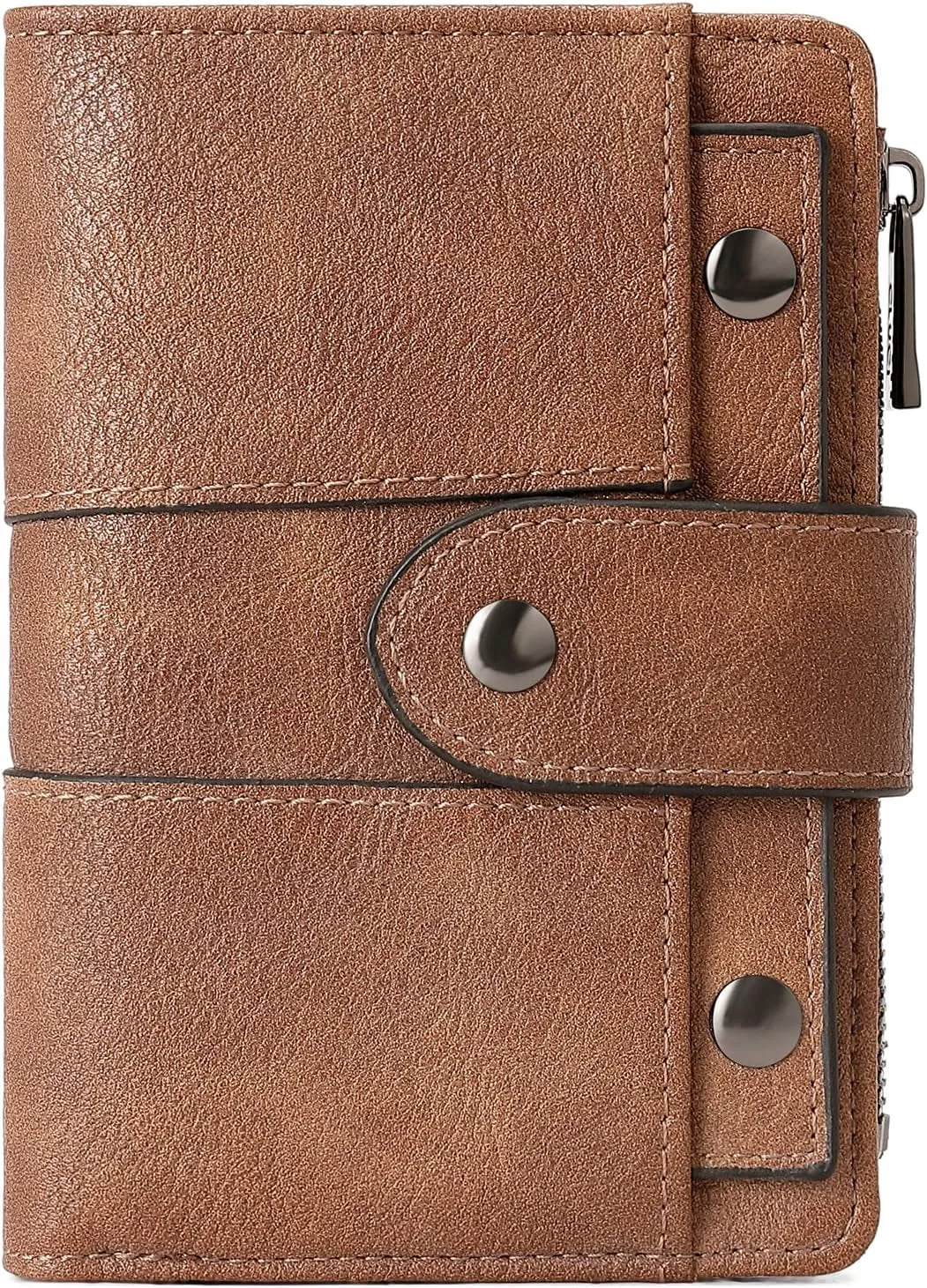 Small Leather Bifold Wallet for Women, Zipper Coin Purse with ID Window