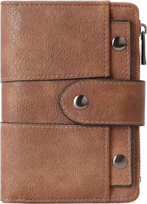 Small Leather Bifold Wallet for Women, Zipper Coin Purse with ID Window