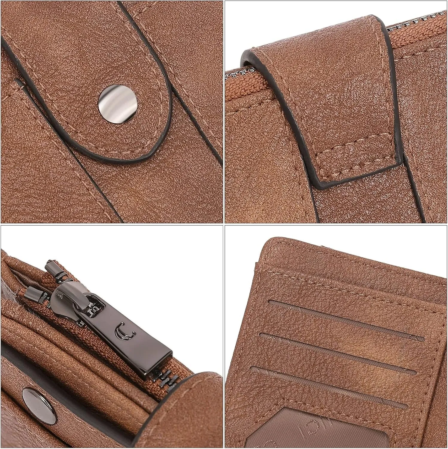 Small Leather Bifold Wallet for Women, Zipper Coin Purse with ID Window