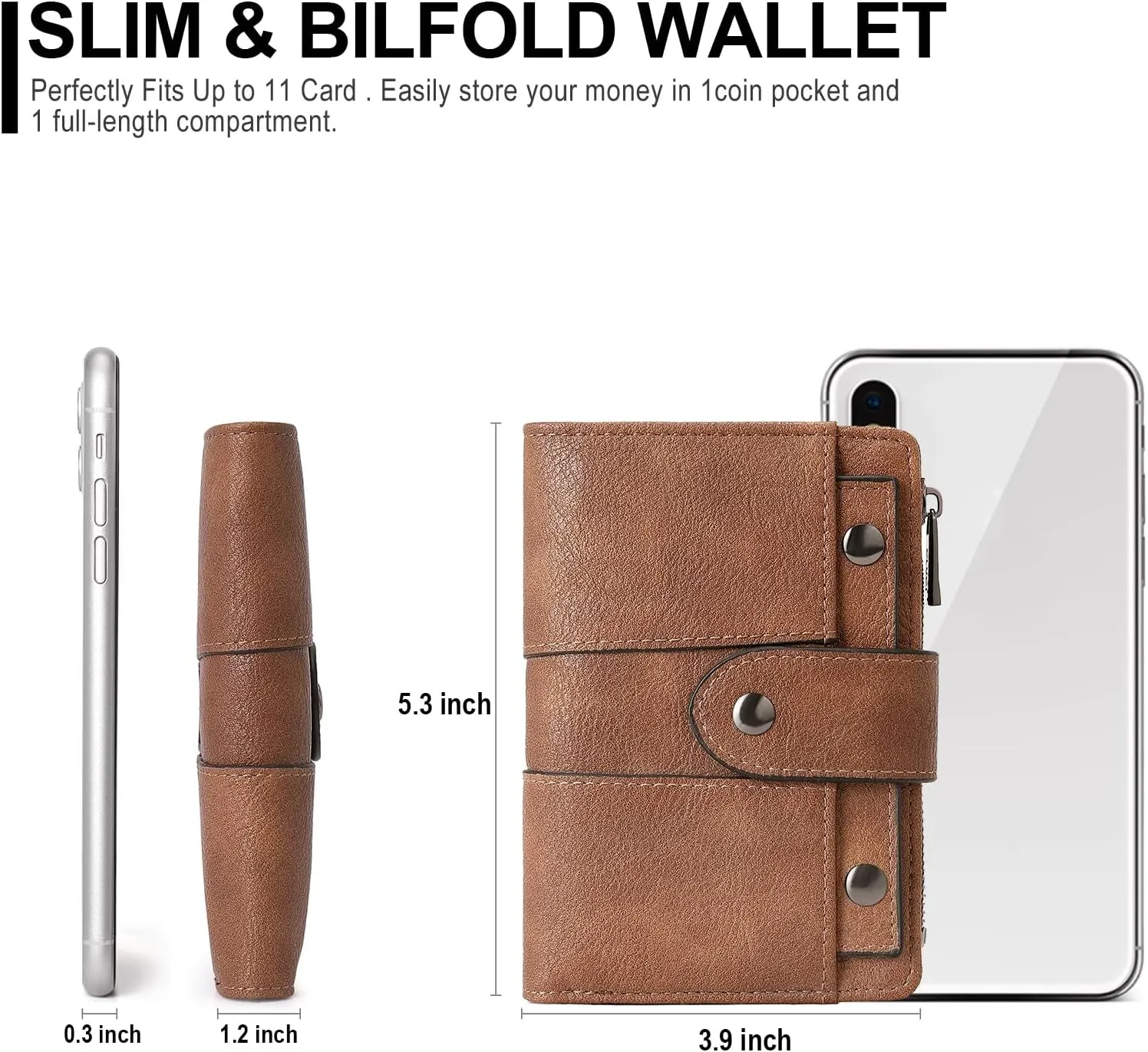 Small Leather Bifold Wallet for Women, Zipper Coin Purse with ID Window