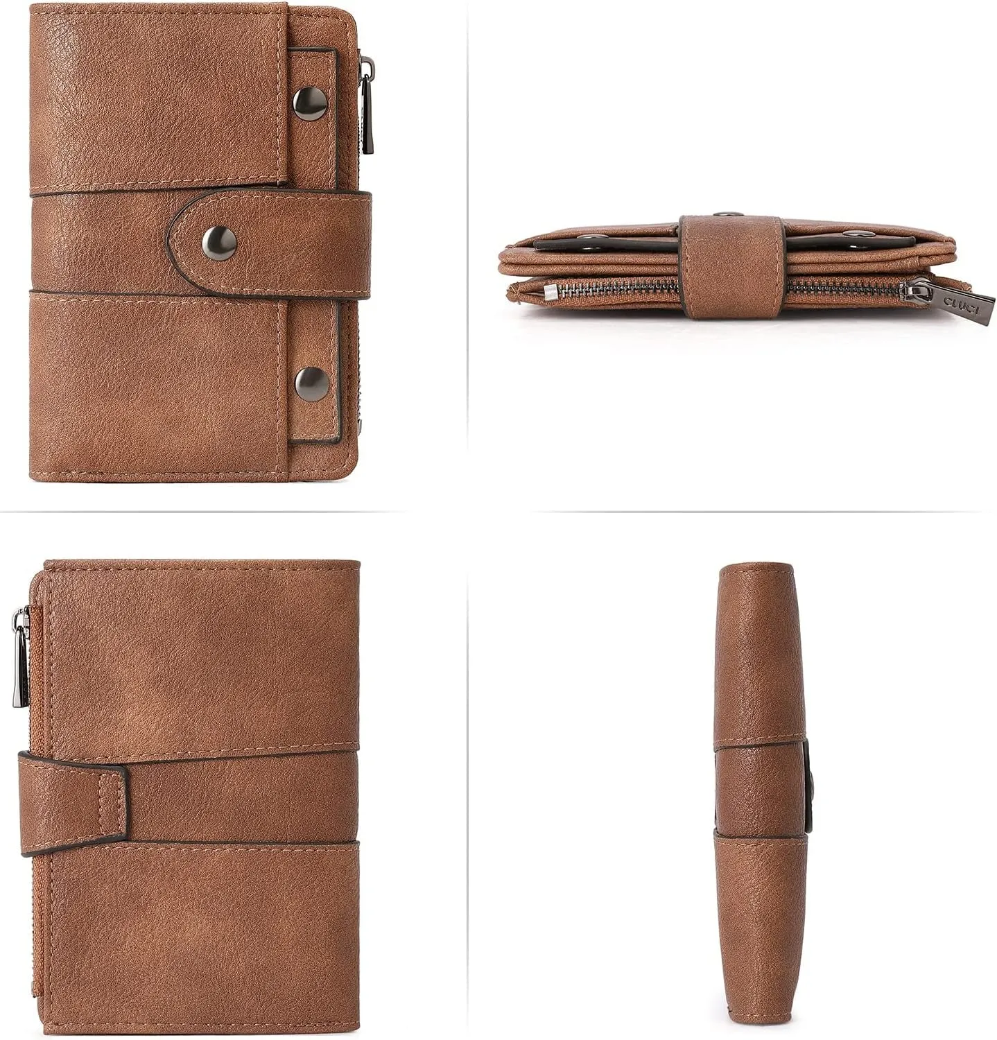 Small Leather Bifold Wallet for Women, Zipper Coin Purse with ID Window