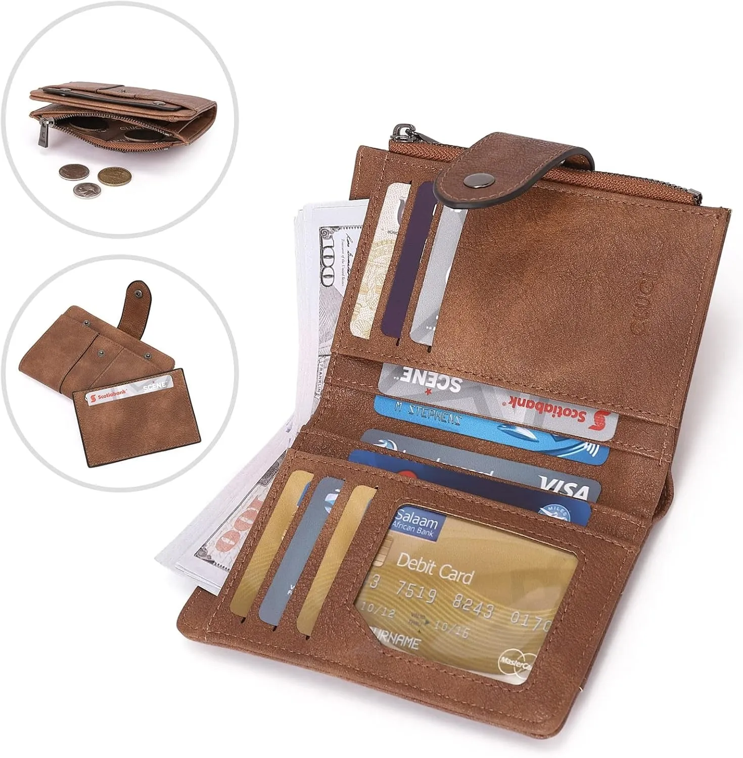 Small Leather Bifold Wallet for Women, Zipper Coin Purse with ID Window