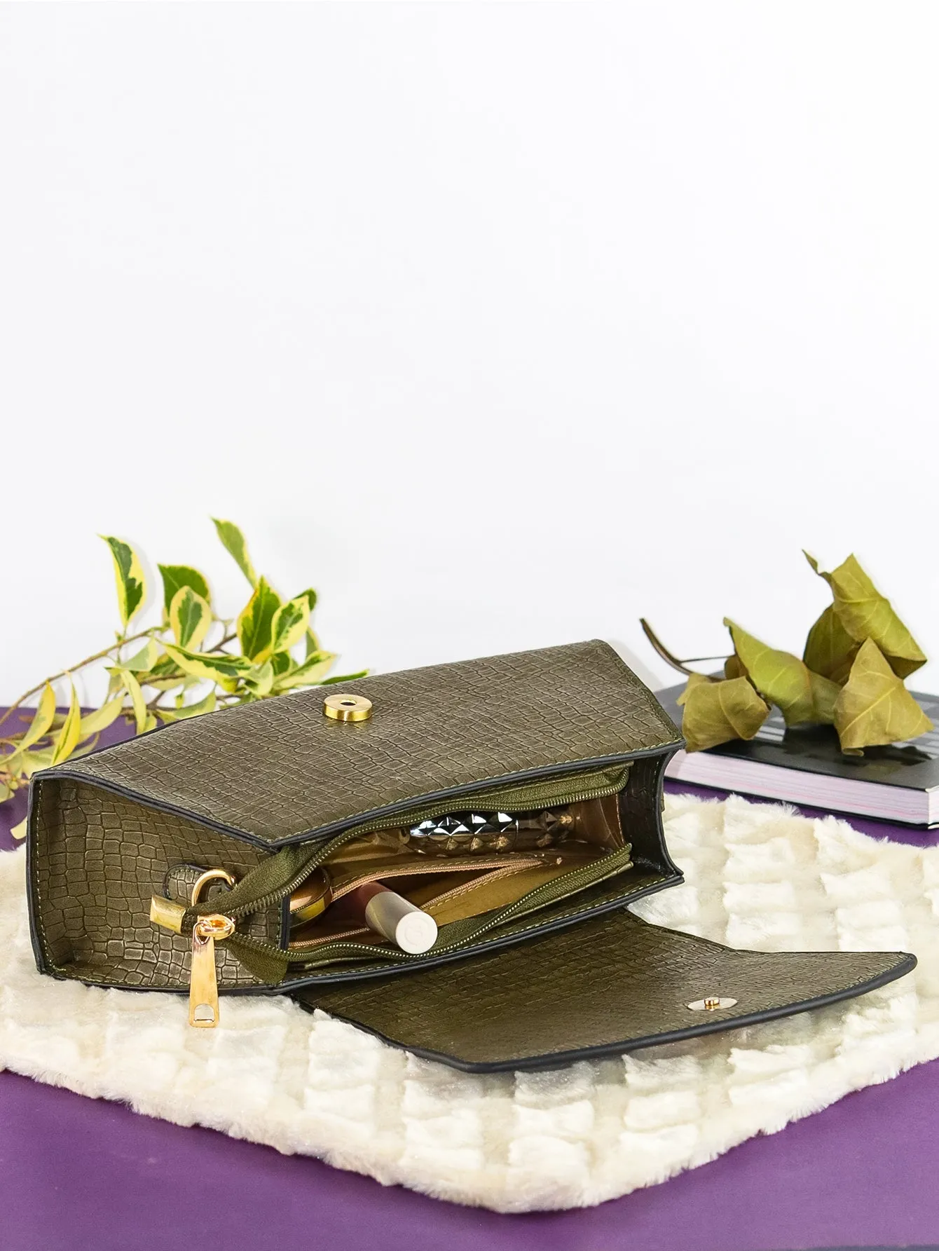 Snakeskin Pattern Flap Chain Evening Bag - Olive Green - FD ⚡