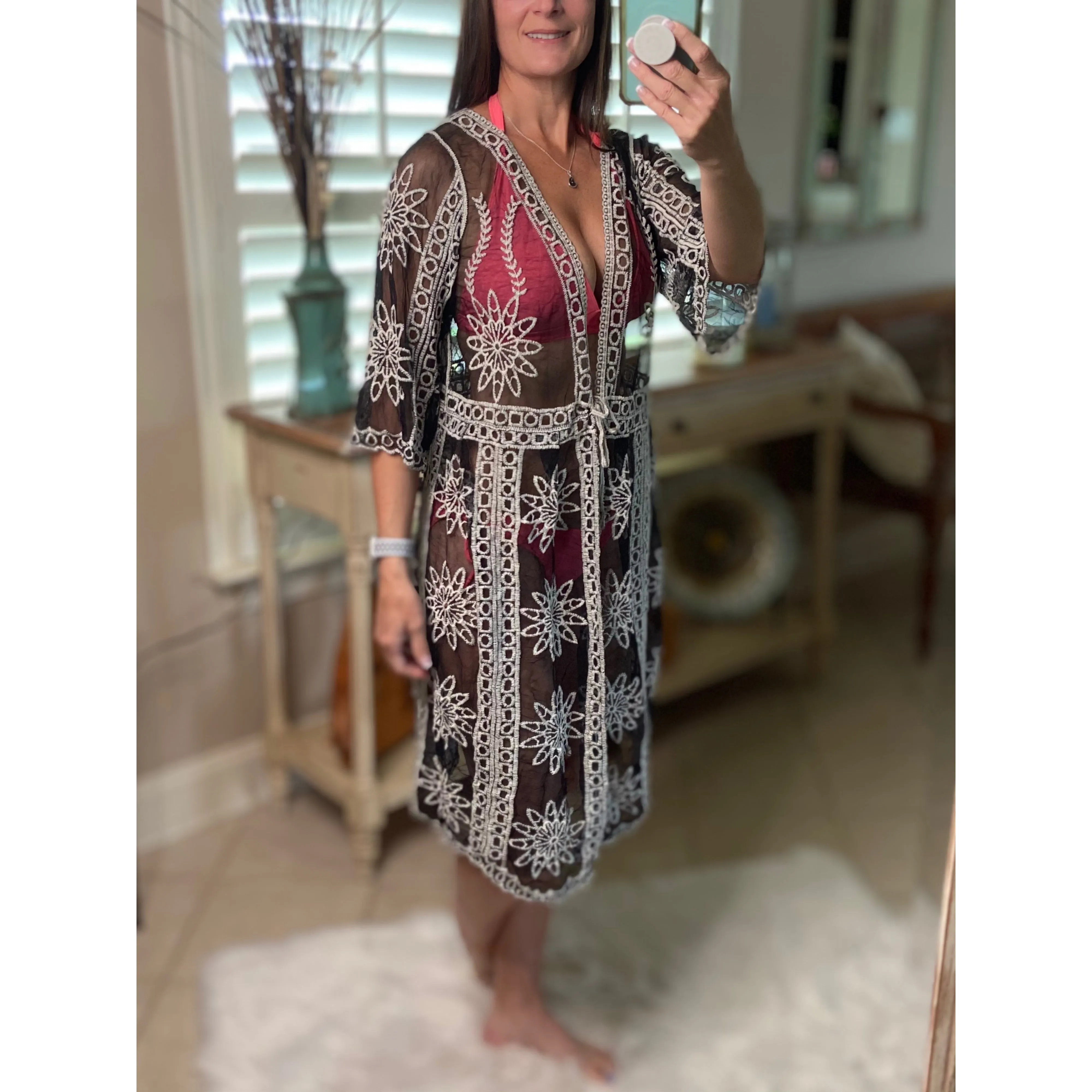 “Summertime's Calling Me” Crochet Mesh Chic Boho Beach Cover Up Tie Waist Black White OS