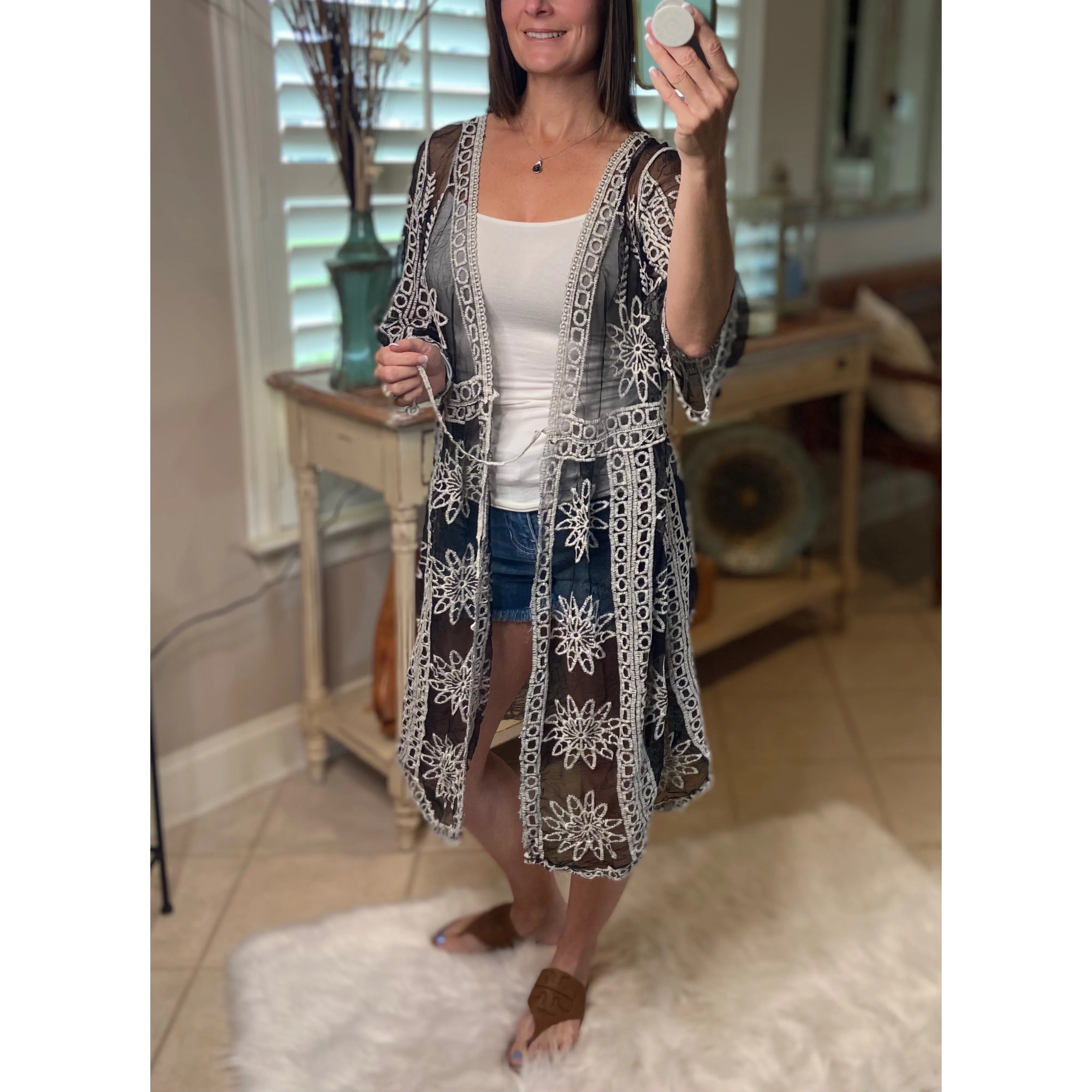 “Summertime's Calling Me” Crochet Mesh Chic Boho Beach Cover Up Tie Waist Black White OS