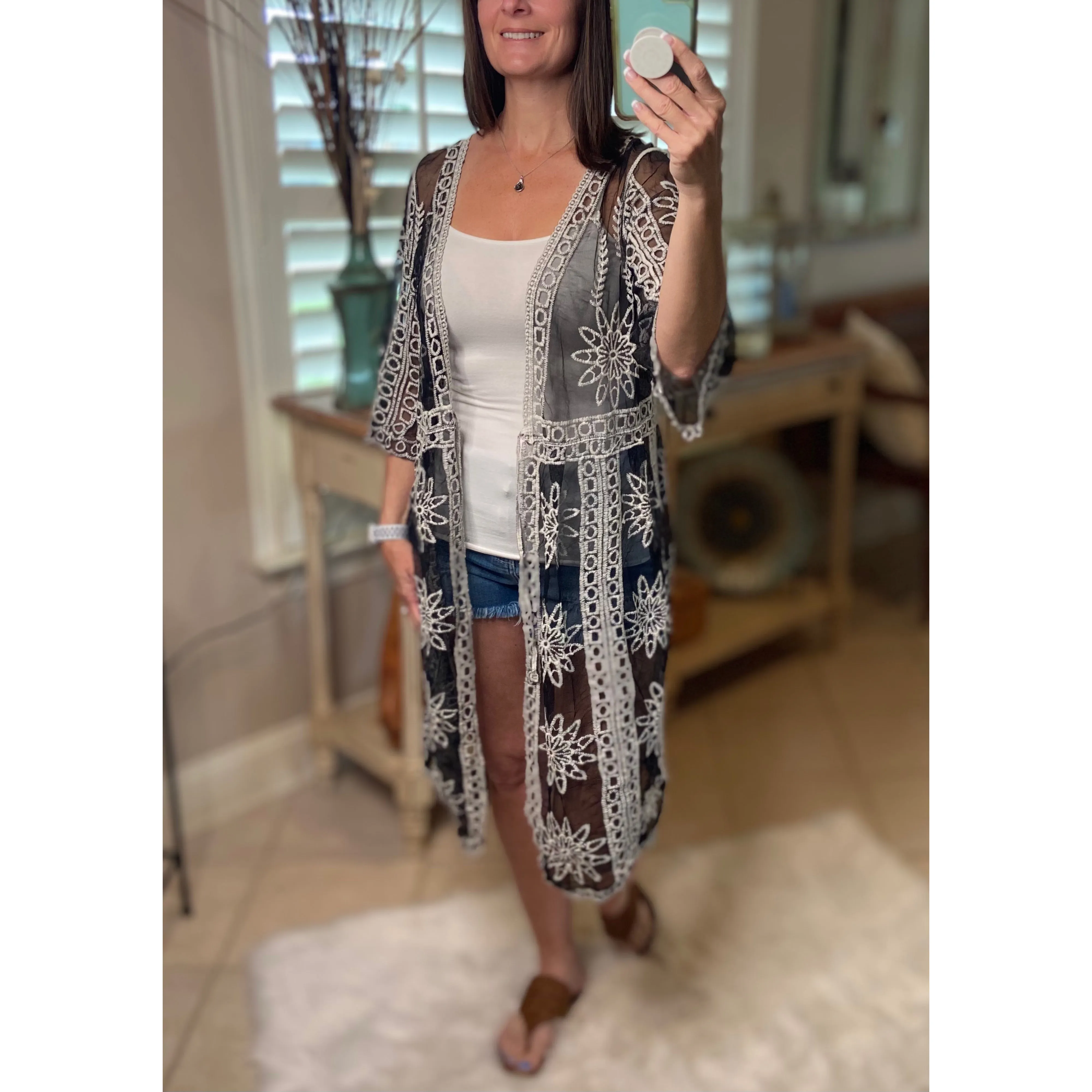 “Summertime's Calling Me” Crochet Mesh Chic Boho Beach Cover Up Tie Waist Black White OS