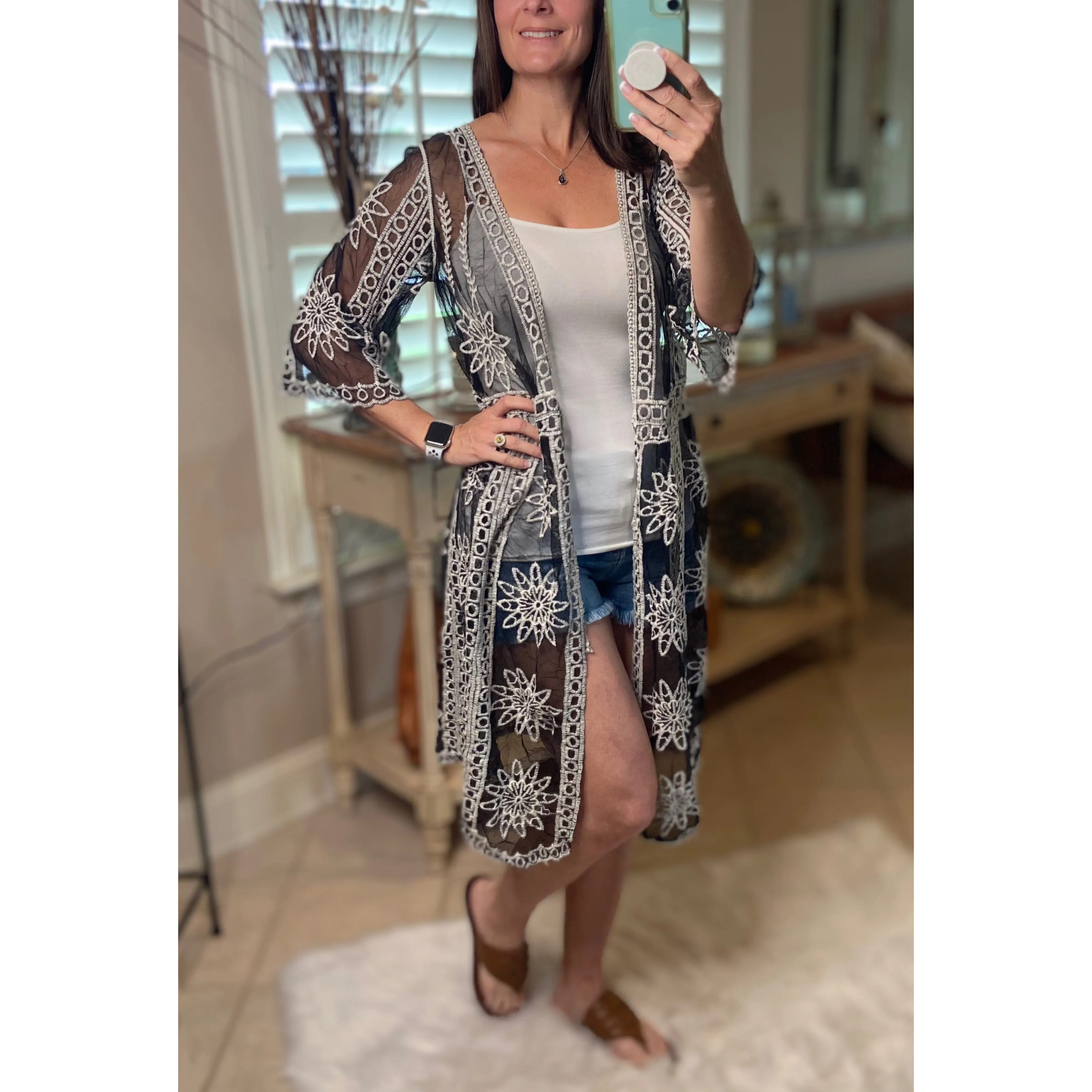 “Summertime's Calling Me” Crochet Mesh Chic Boho Beach Cover Up Tie Waist Black White OS