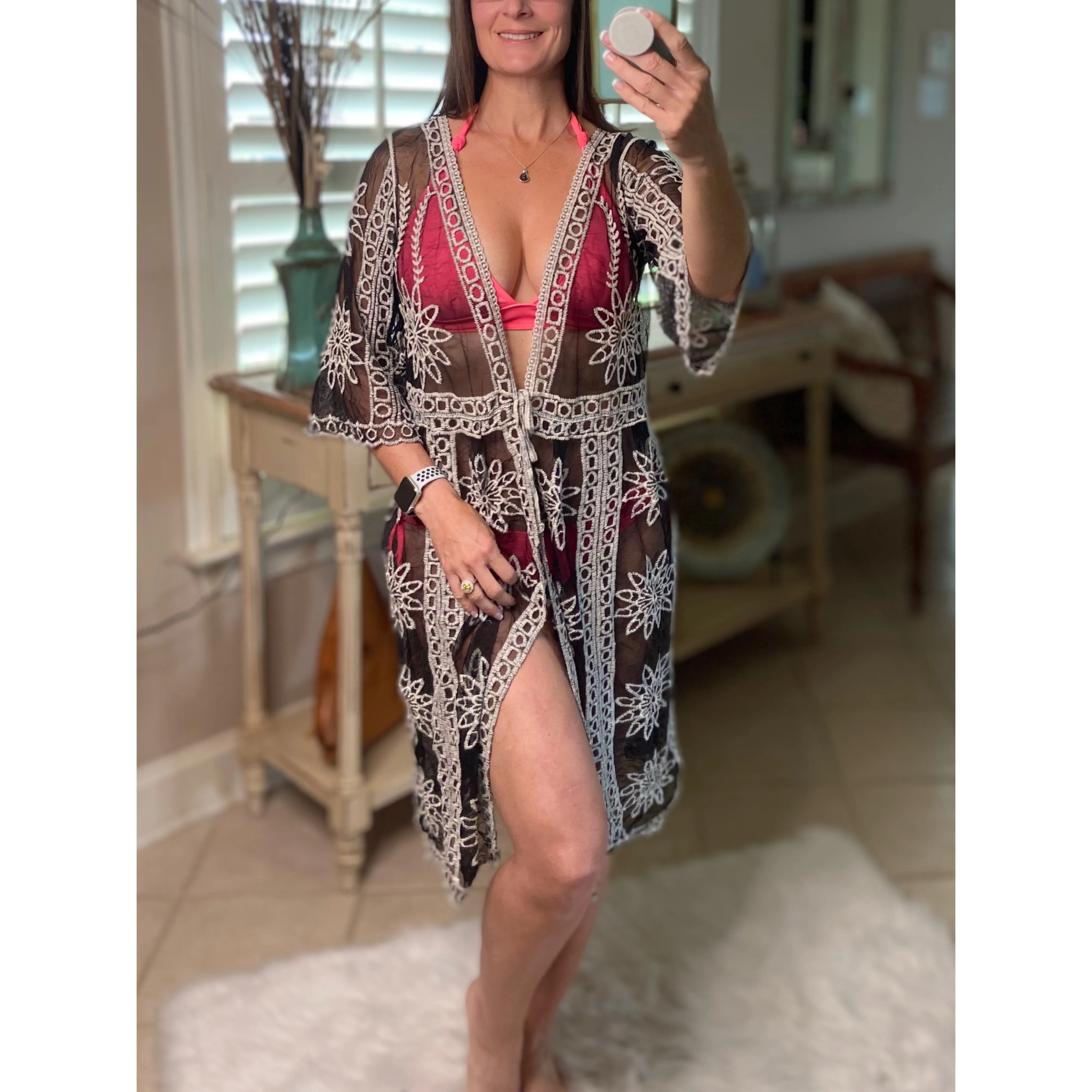 “Summertime's Calling Me” Crochet Mesh Chic Boho Beach Cover Up Tie Waist Black White OS