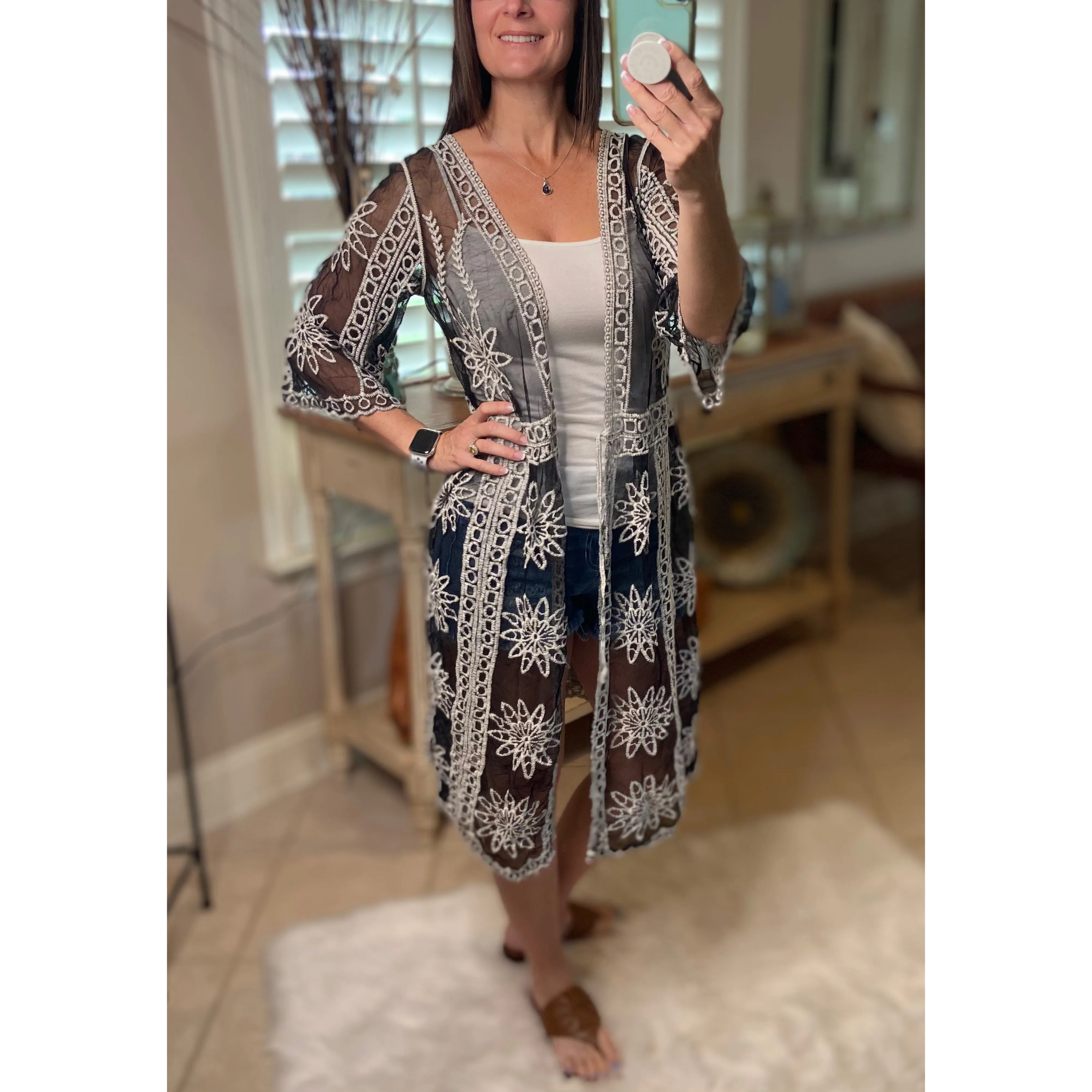 “Summertime's Calling Me” Crochet Mesh Chic Boho Beach Cover Up Tie Waist Black White OS
