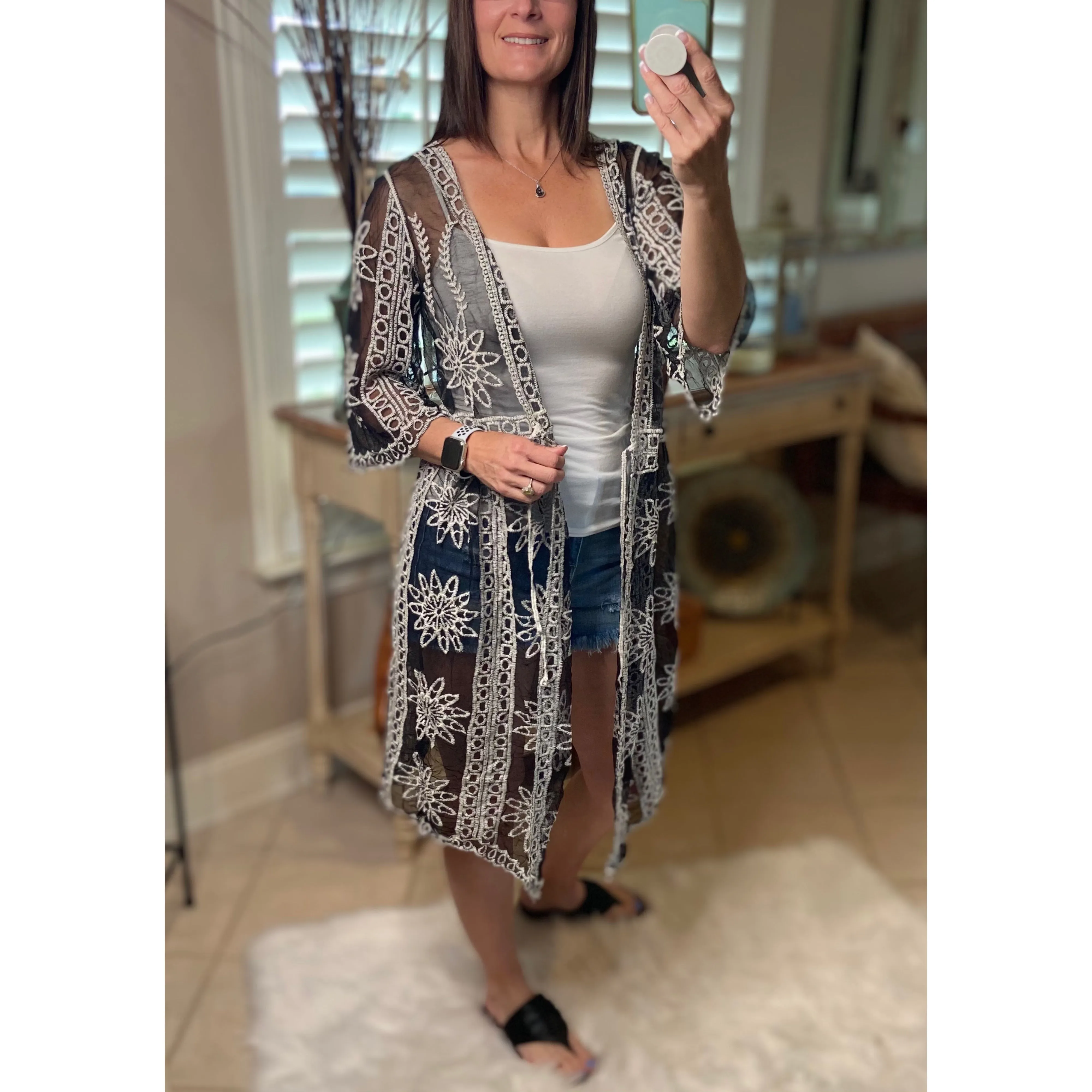 “Summertime's Calling Me” Crochet Mesh Chic Boho Beach Cover Up Tie Waist Black White OS