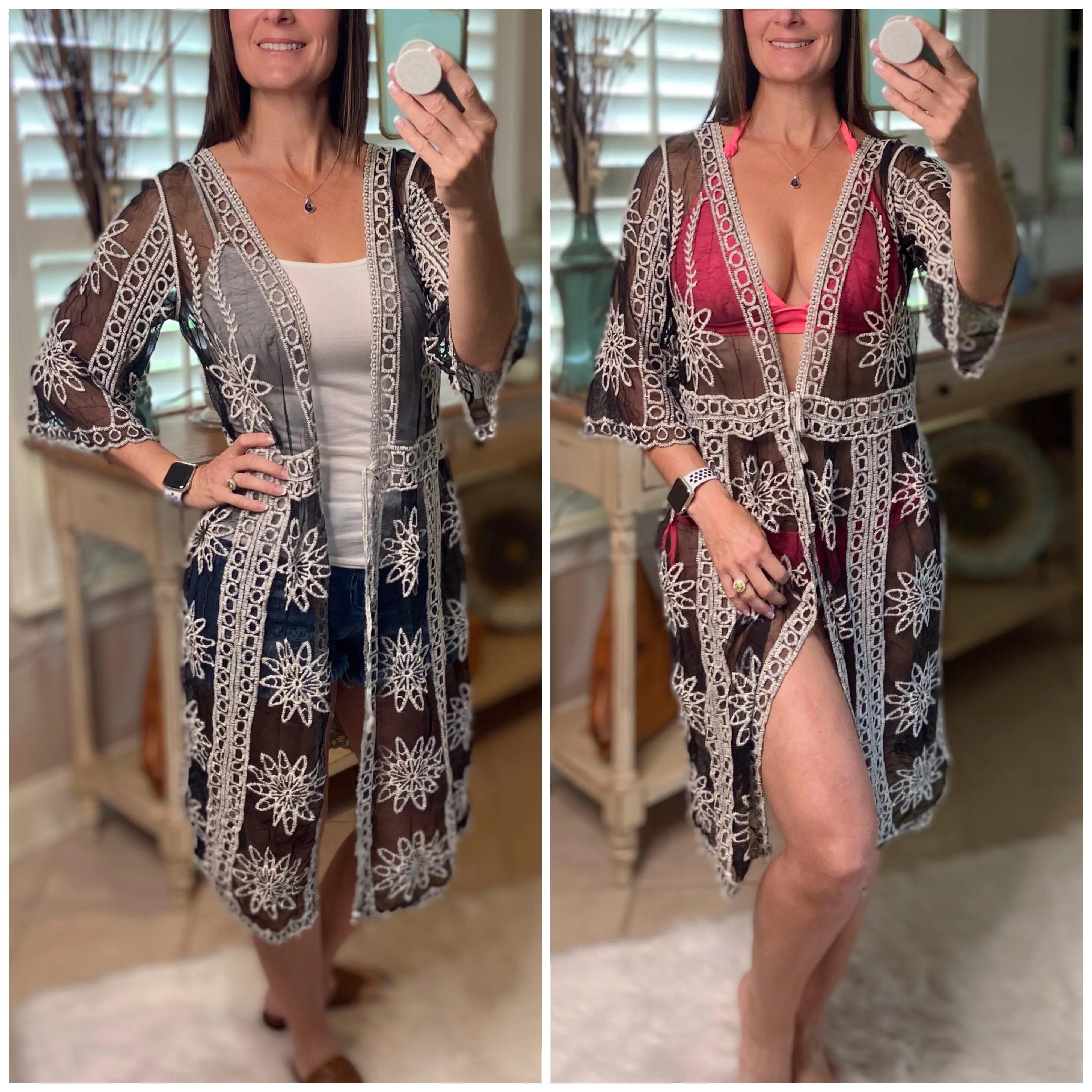 “Summertime's Calling Me” Crochet Mesh Chic Boho Beach Cover Up Tie Waist Black White OS