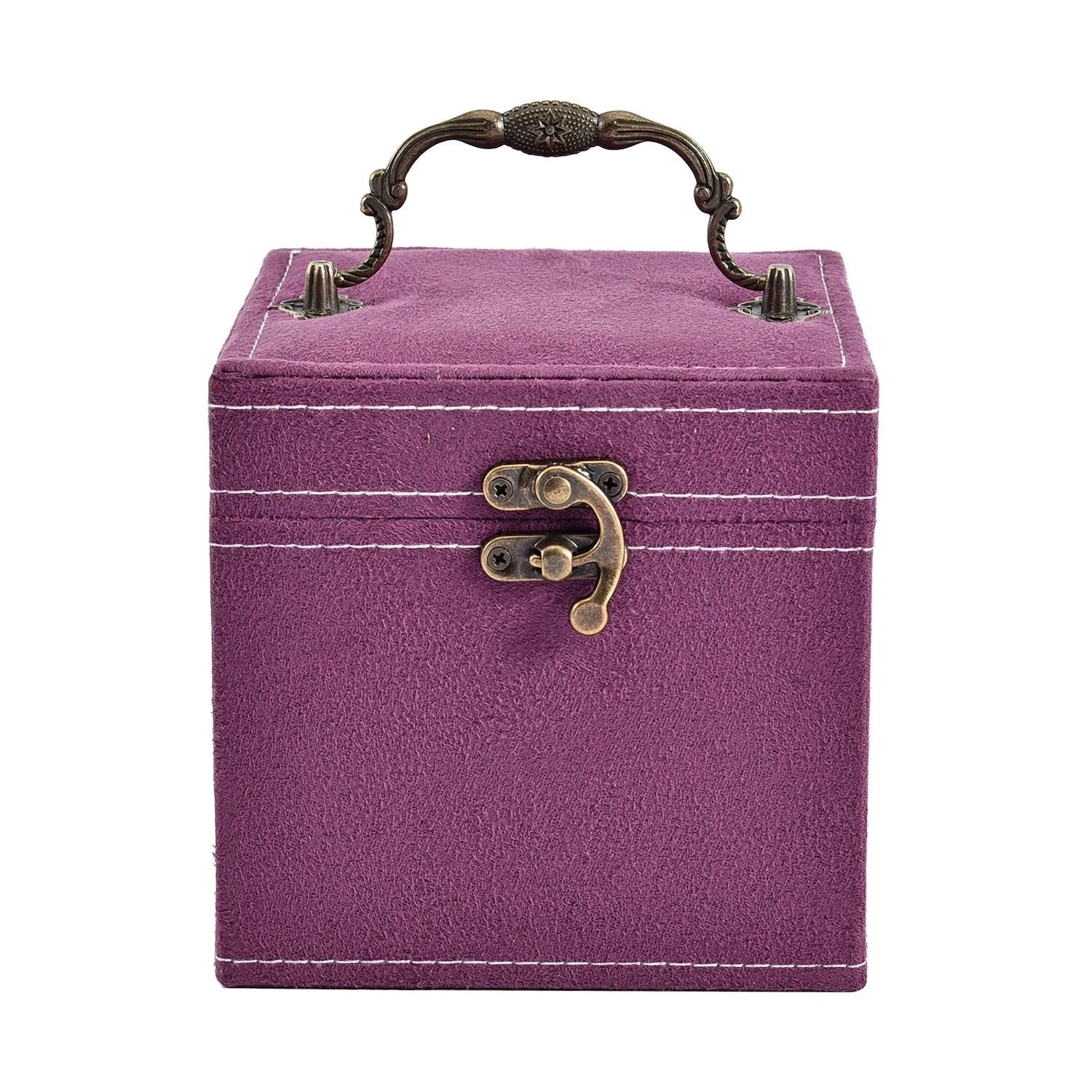 Velvet Three Layer Jewelry Box with Mirror, Handle and Lock In PURPLE