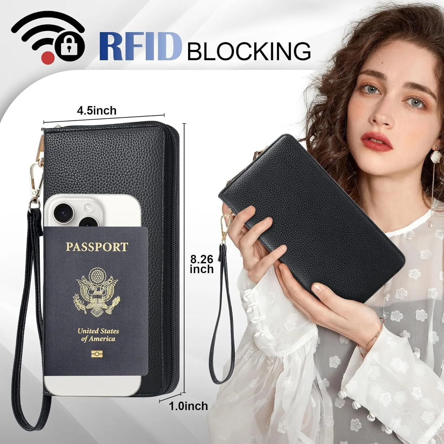 Women's Leather Clutch, RFID Blocking Wristlet Wallet
