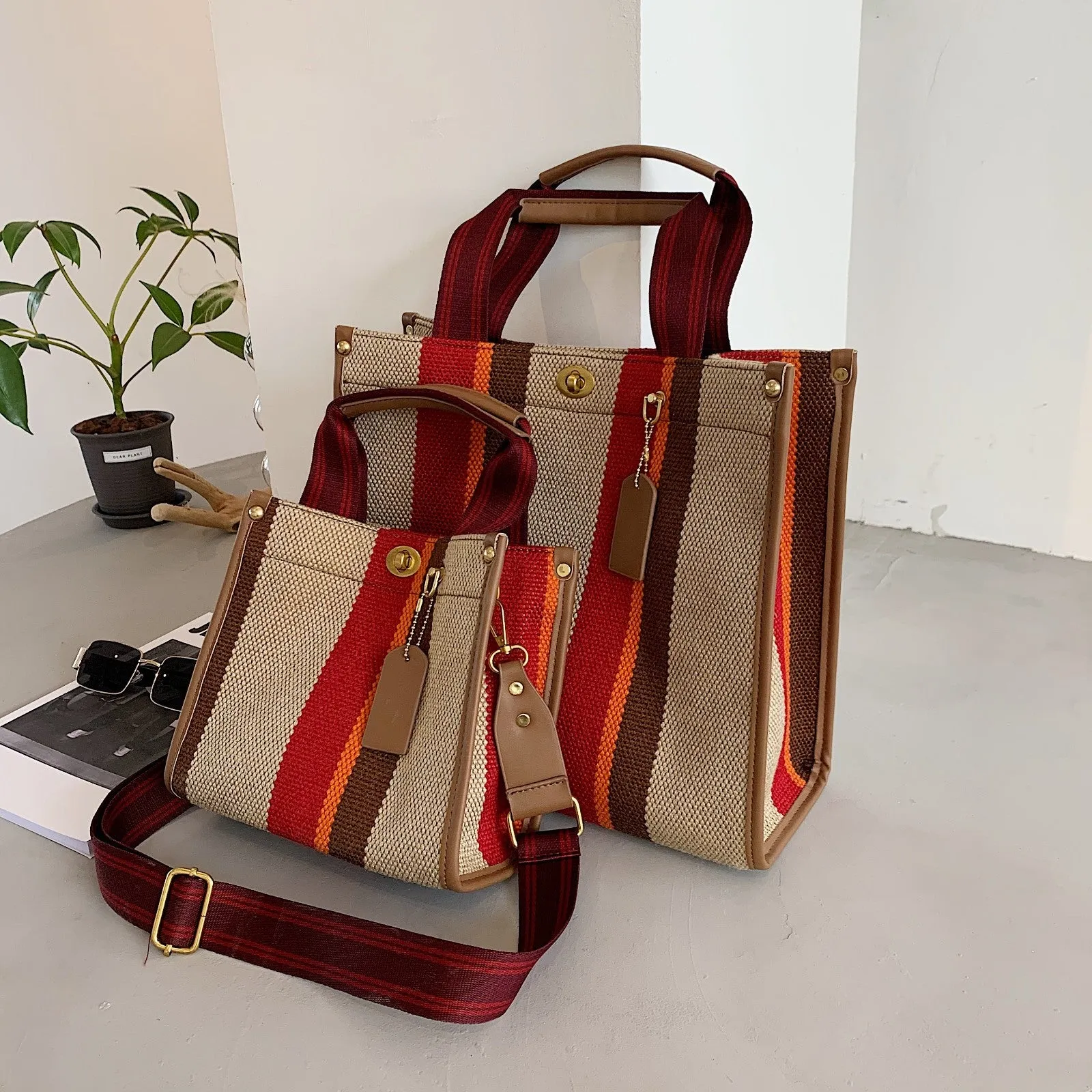 Women's Retro Portable Trend Canvas Striped Crossbody Bags