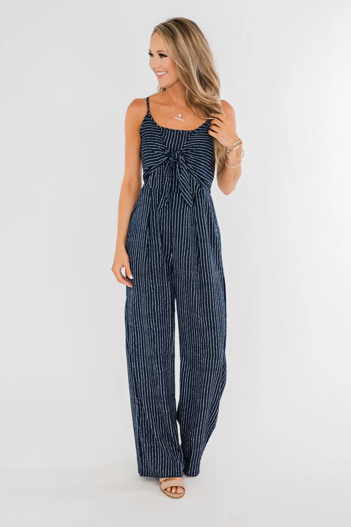 You Found Me Striped Jumpsuit- Navy