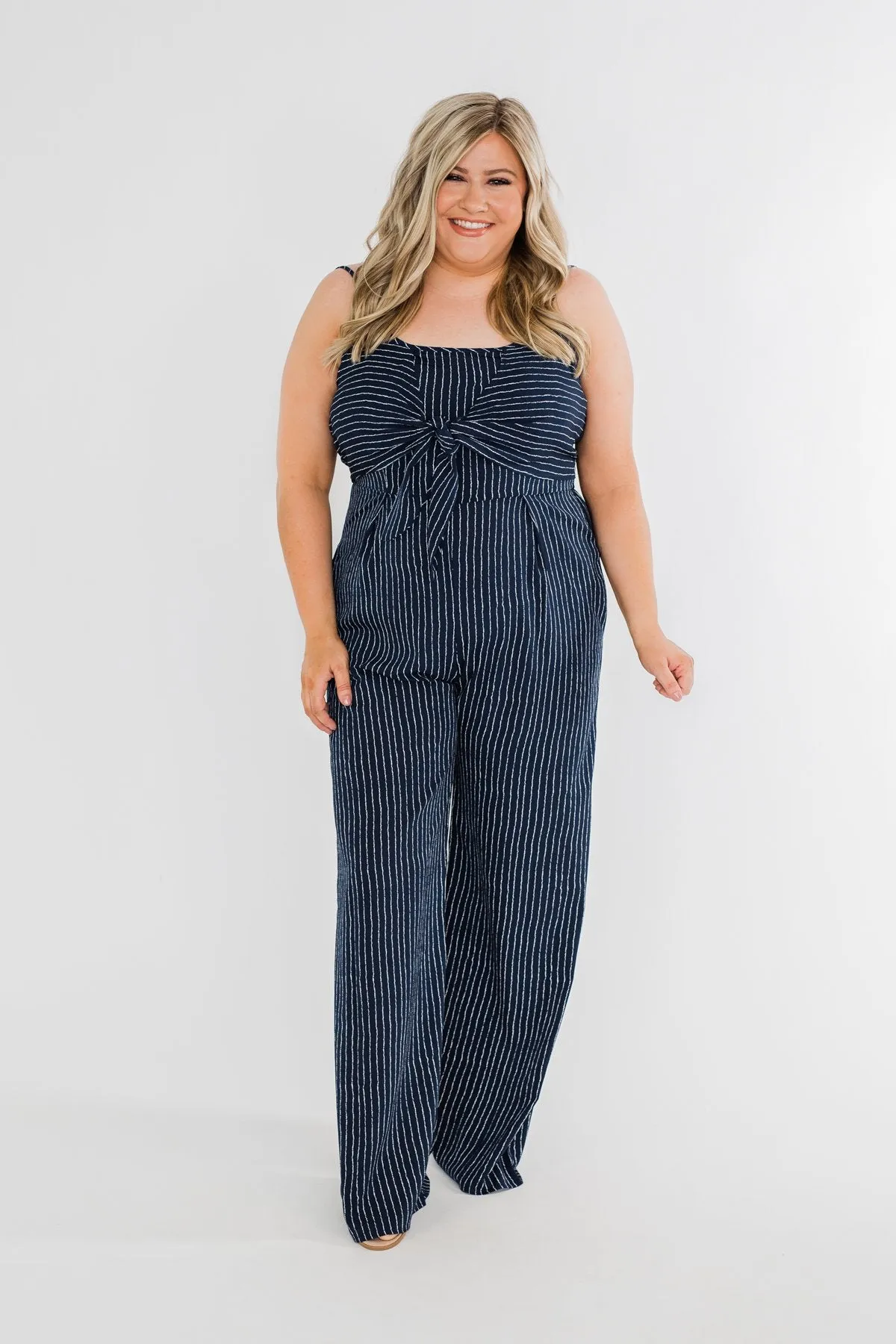 You Found Me Striped Jumpsuit- Navy