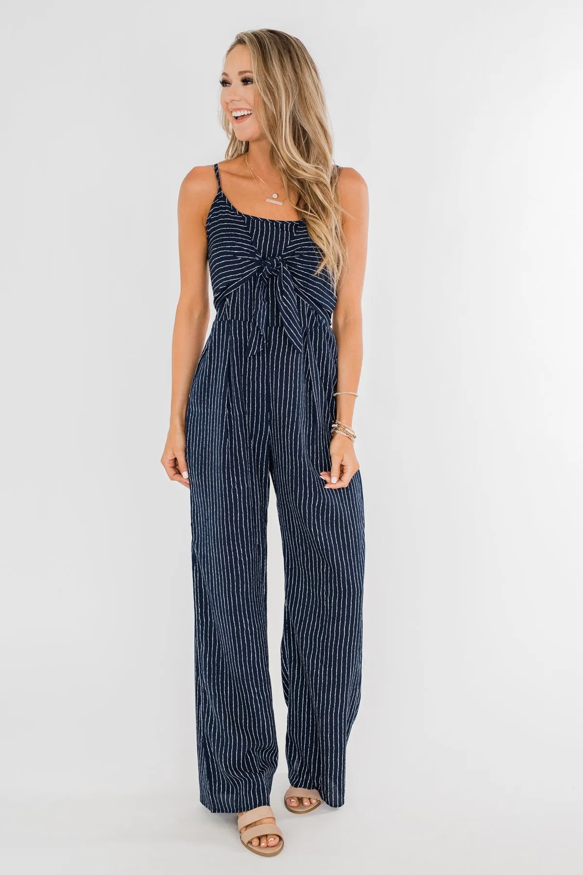 You Found Me Striped Jumpsuit- Navy