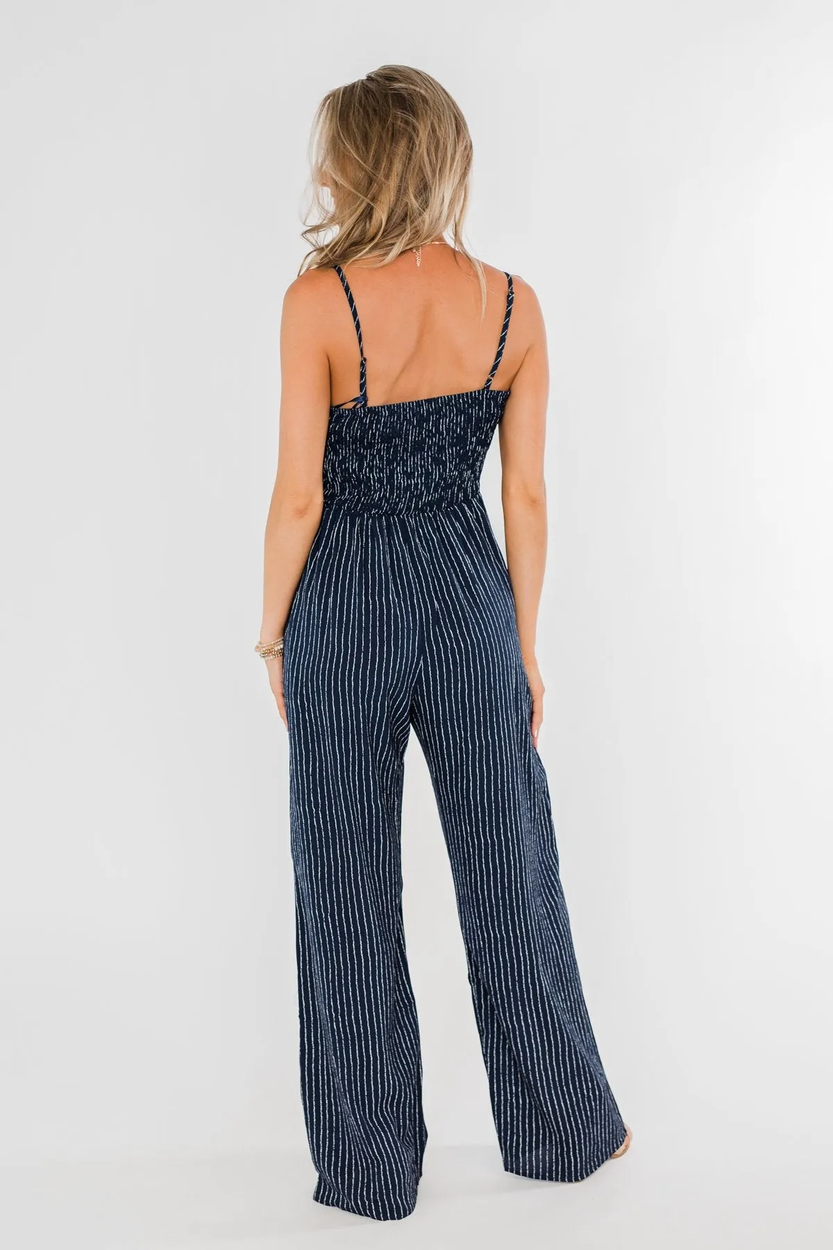 You Found Me Striped Jumpsuit- Navy
