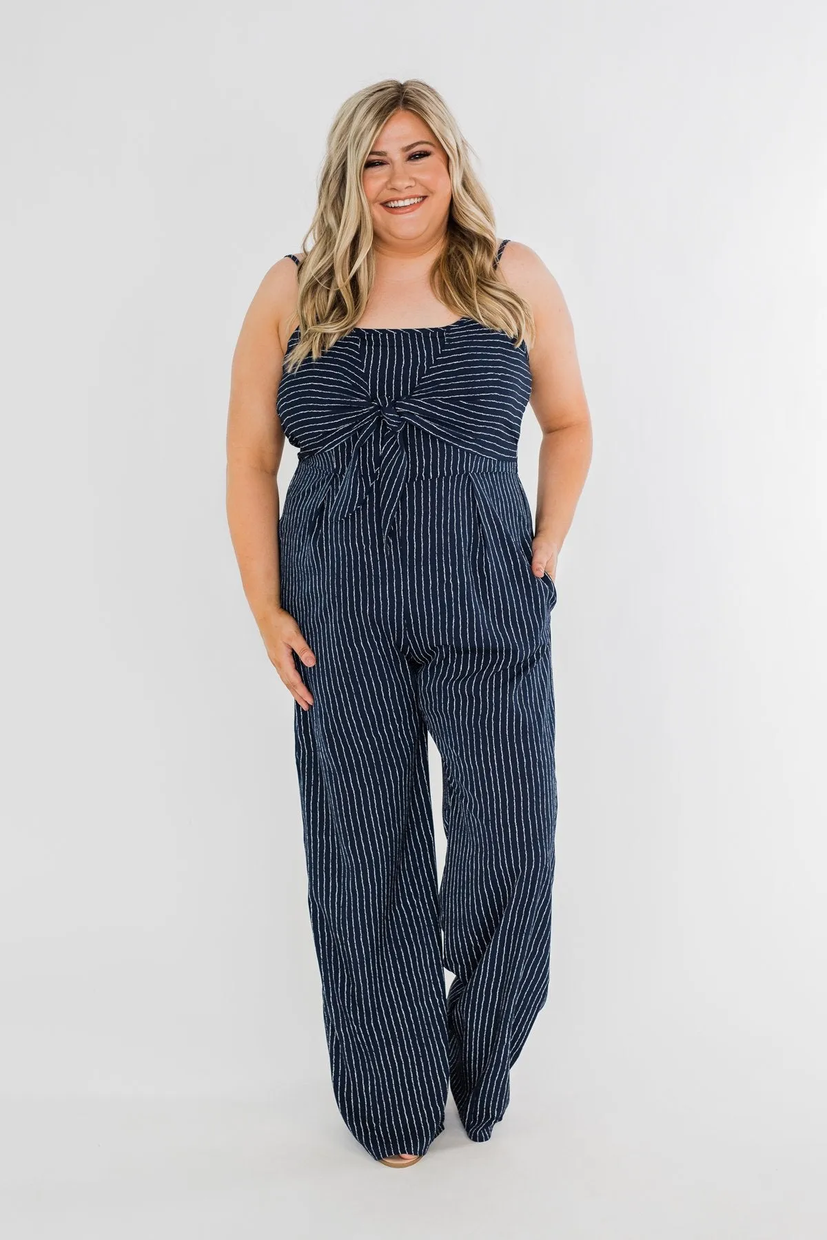 You Found Me Striped Jumpsuit- Navy